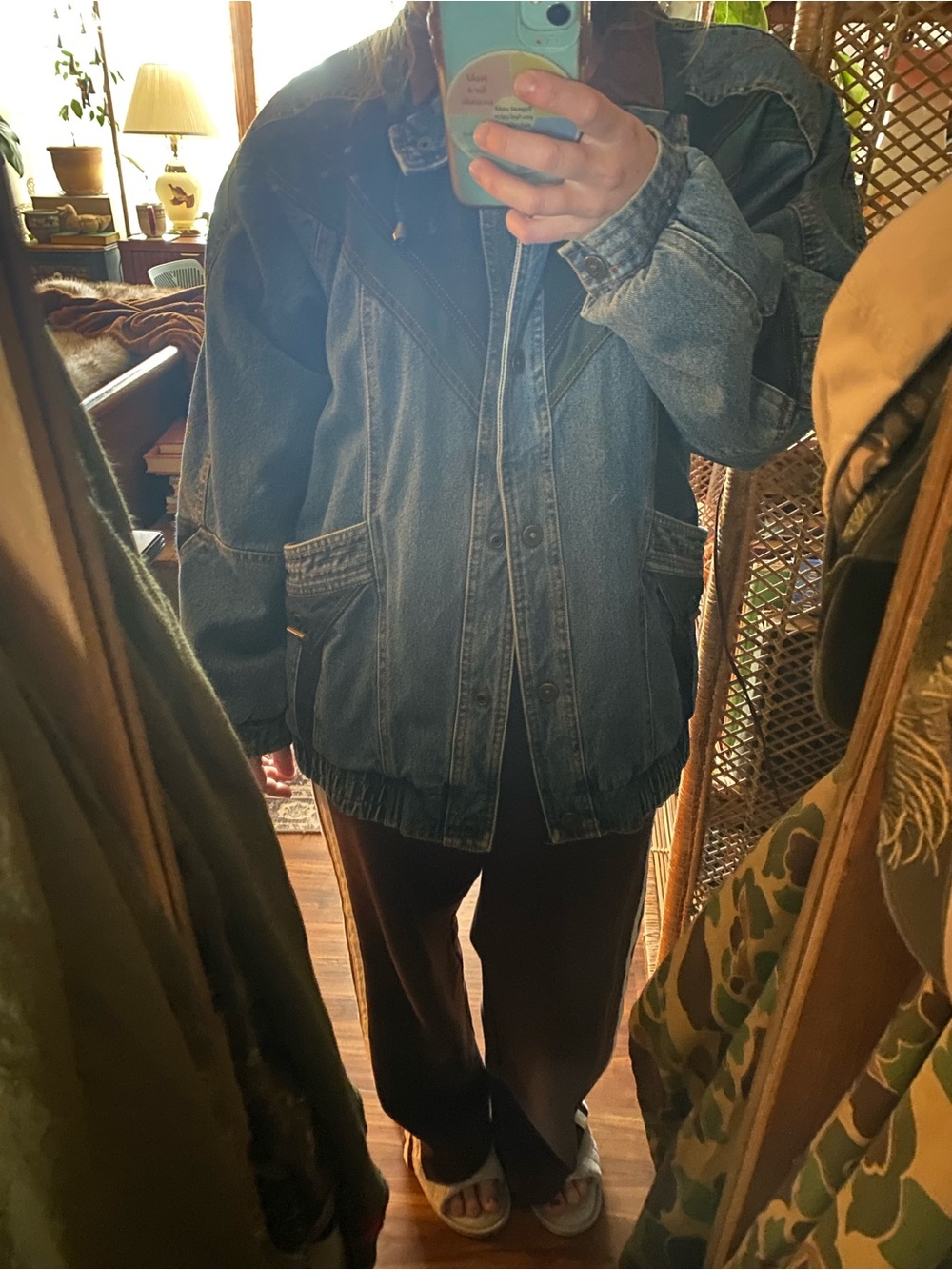 Denim Jacket with Green & Navy Accents - Women's Casual Coat - Picture 5 of 5